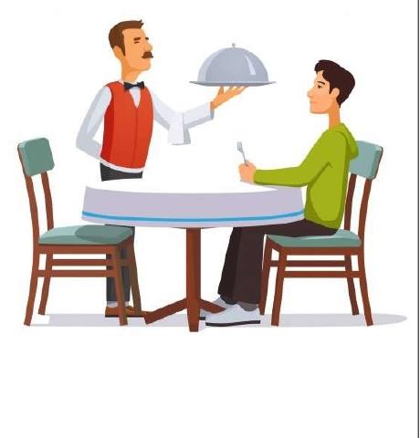 Fiche d'activité : un serveur apporte un plat à un client assis à une table de restaurant